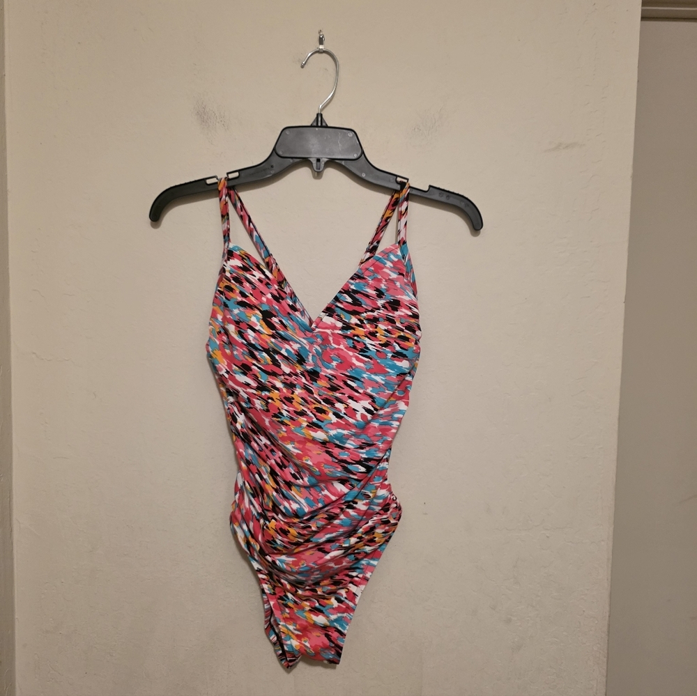 Aqua Green Vibrant Patterned Swimsuit  Cutout Back Size Medium